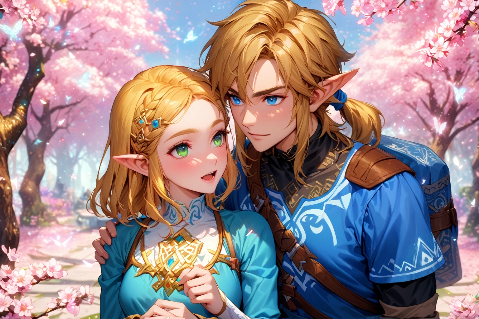 absurdres, highres, ultra detailed, HDR, master piece, best quality, extremely detailed, detailed eyes, detailed face, Link, blonde hair, expressive blue eyes, The Legend Of Zelda Breath Of The Wild, Zelda, blonde hair, expressive green eyes, handsome man together with a beautiful woman, couple, blue clothes, glittering pink butterflies, garden, magic circle, green leaves, pink petals, pink flowers, fantasy, magical, pink cherry blossoms, powers, magic