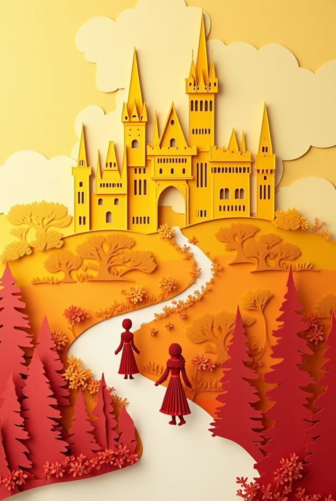 papercut and shadow art world, princess with guards, background yellow, red, white northern renaissance castle