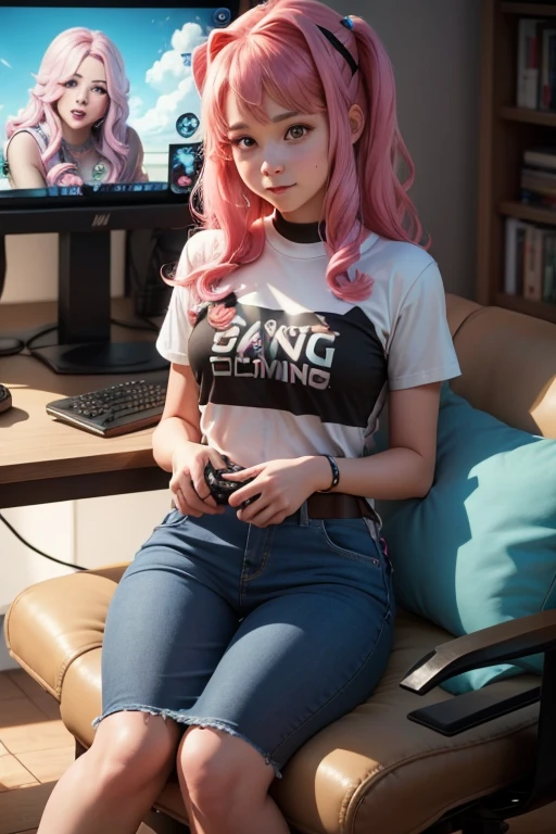 Stoner girl who is smoking weed and sitting in gamer chair and has long maroon hair with a blunt in hand and smoking it with smoke around and a computer monitor and she is wearing harujuku street clothes and hot with a human body