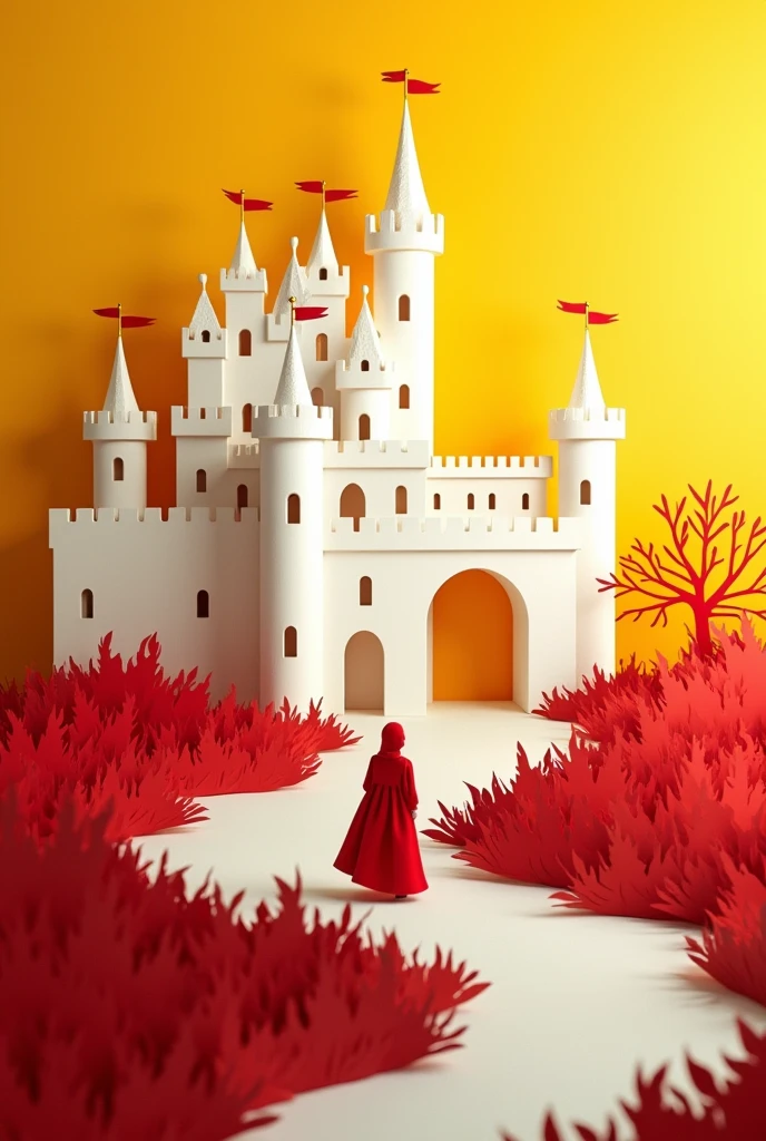 paper cut and shadow art world, princess with guards, background yellow, red, white northern renaissance castle