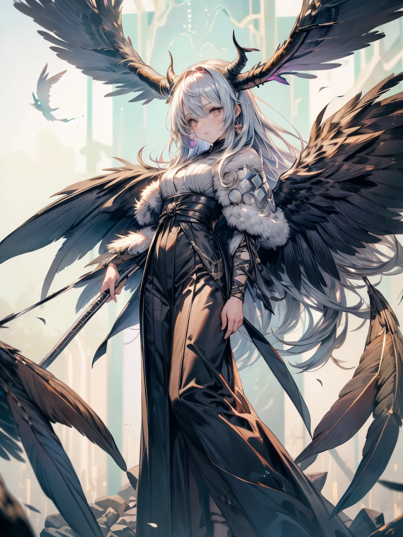 Create a hybrid demon child with owl half child with owl traits and feathers for a DND RPG with big owl wings and owl eyes, Demon child, demon Horns, Imposingness, white eyes, white hair, Maou, White eyelashes, cenary lord of hell, full body, {extremely detailed 16k unity CG wallpaper}, expansive landscape photography, (a bottom-up view focusing on the character and the setting), (wide view of open field), (low angle photo), (high light: 1.6), (low light:1.0), (source of warm light: 1.0), complex details, (Cores iridescentes: 1.5), (bright lighting), (atmospheric lighting)
