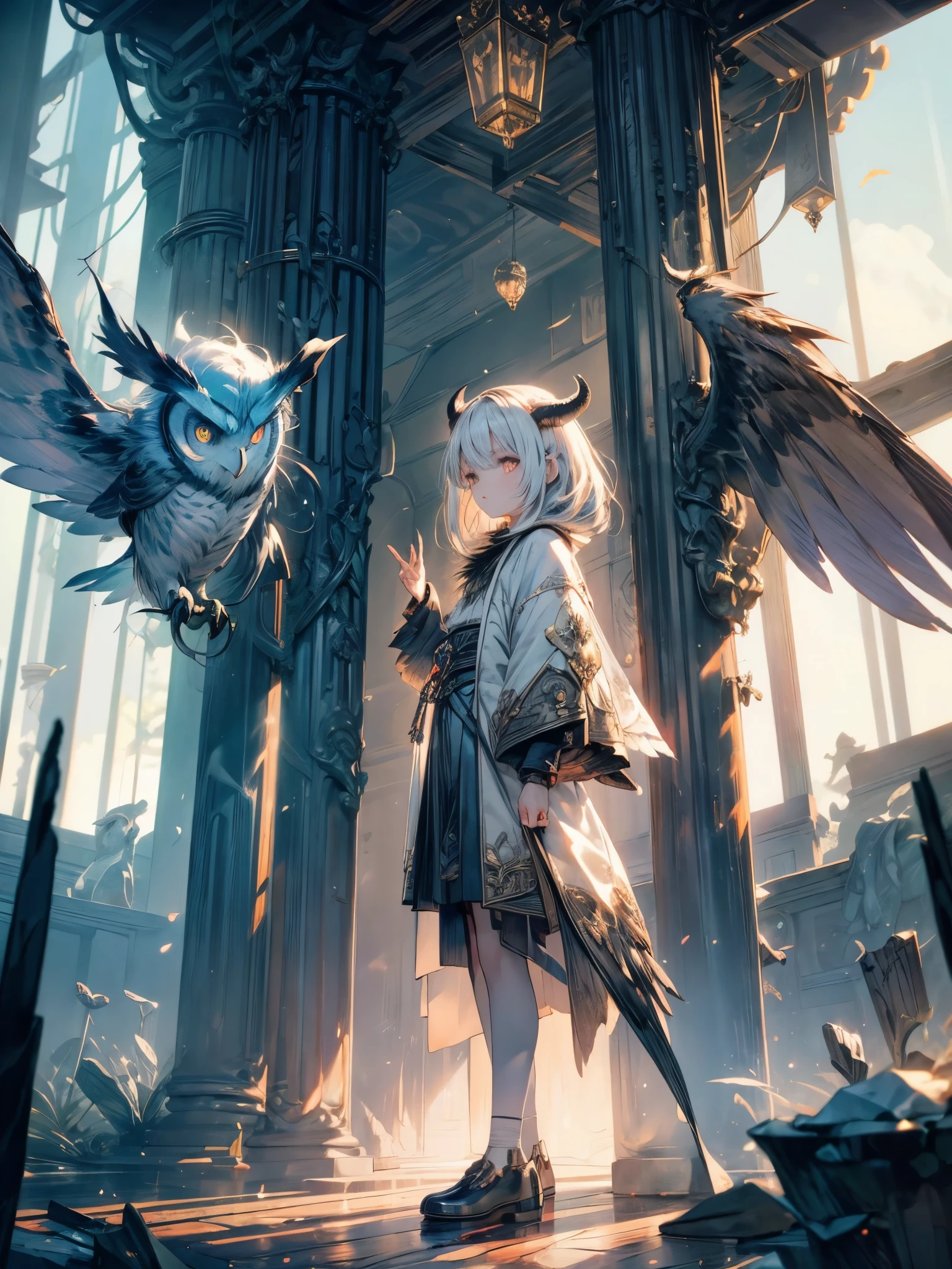 Create a hybrid demon child with owl half child with owl traits and feathers for a DND RPG with big owl wings and owl eyes, Demon child, demon Horns, Imposingness, white eyes, white hair, Maou, White eyelashes, cenary lord of hell, full body, {extremely detailed 16k unity CG wallpaper}, expansive landscape photography, (a bottom-up view focusing on the character and the setting), (wide view of open field), (low angle photo), (high light: 1.6), (low light:1.0), (source of warm light: 1.0), complex details, (Cores iridescentes: 1.5), (bright lighting), (atmospheric lighting)
