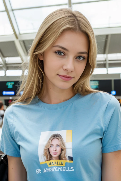 The woman is standing in front of the camera, usando uma camiseta branca estampada com a imagem de futebool. her hair is blond, destacando-se na cena. Behind her, there is a city, A mulher parece radiante e confiante, conveying a sense of love and admiration for football ,Your facial expression reveals a genuine feeling of affection and excitement.