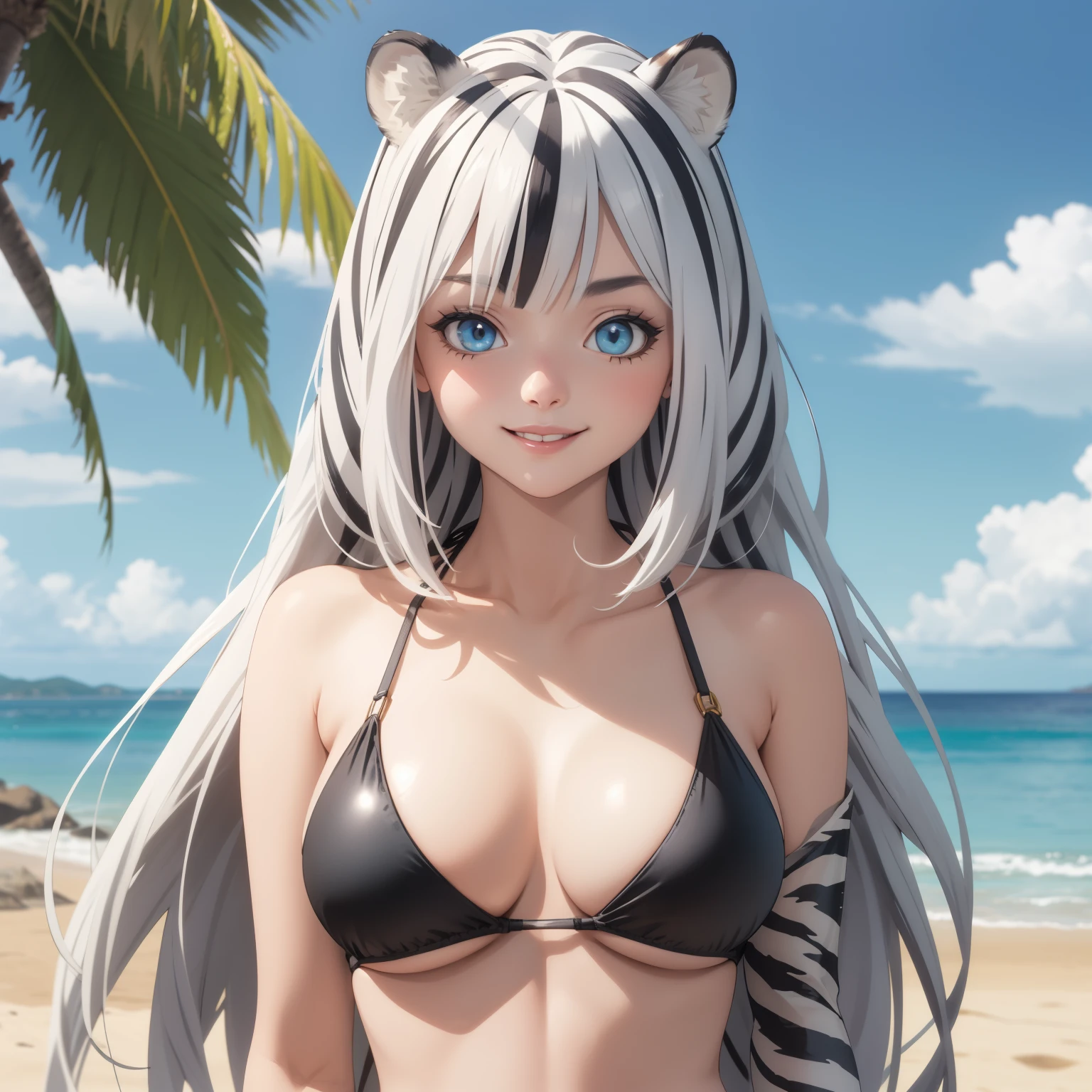 Atla Fayon tiger woman. white hair with black tiger stripes, tiger hair, black streaks in hair, tiger ears, blue eyes, confident smile, big breasts, black and white bikini tiger design, background a tropical beach.