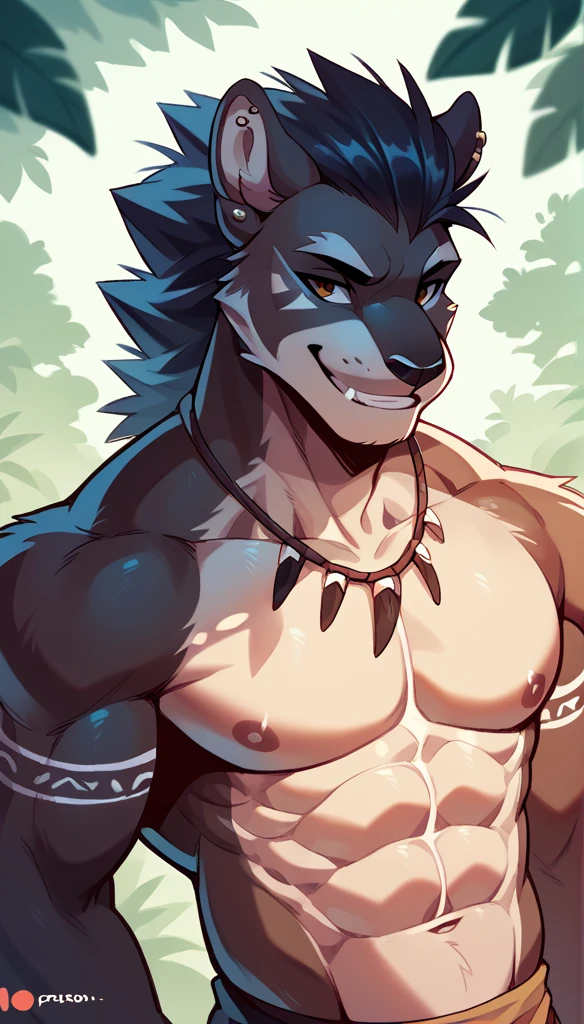 A puma, in Mane hairstyle, using tribal accessories, piercing tribal, smile, smiling,  trees, tribal side, bottom, abs on the body, youthful face, half body shot angle.