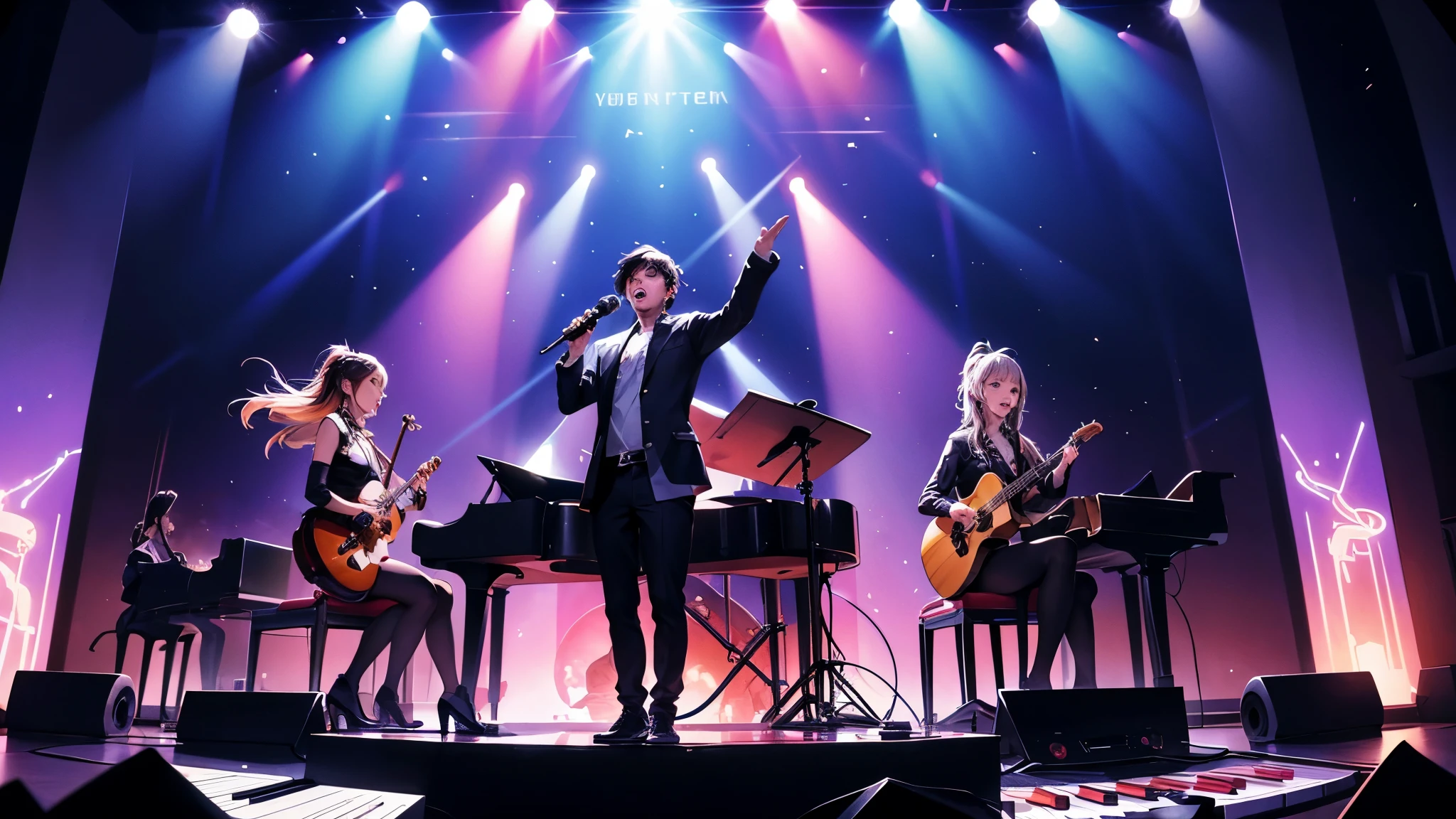 A thumbnail for a fictional music program featuring three artists performing while playing their instruments and singing. The design should capture the energy of a live performance, highlighting each musician with their instruments, possibly showcasing their dynamic interaction on stage.