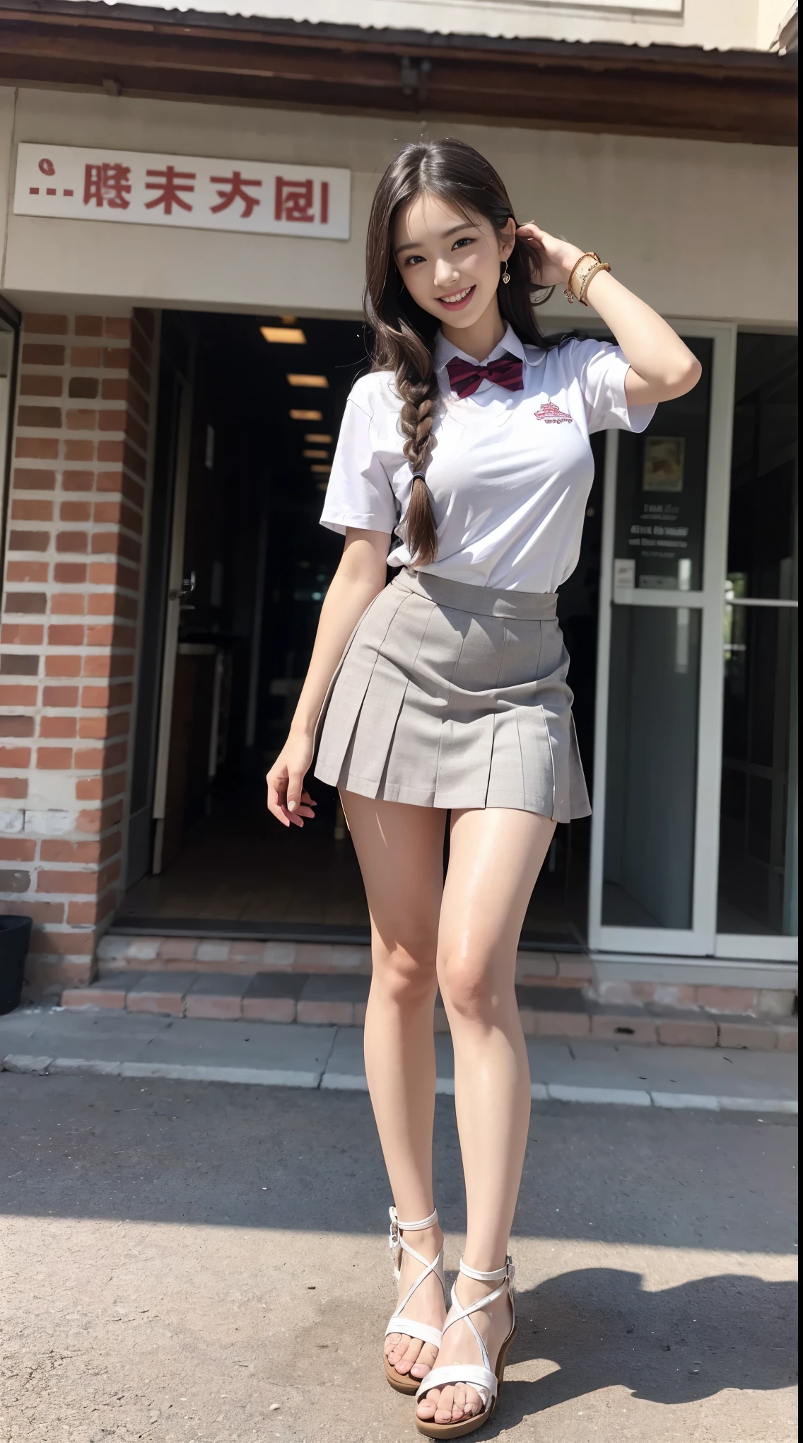 (((Full body esbian)))、((girls high school Uniforms))、((１person))、Close to the topic、((Select a building)))、(((slaugh)))、(((girls high school)))、((Beautiful girl))、((cute sexy pose))、Photorealistic、Beautiful and detailed eyes、Hyper Realism、high contrast、Ultra HD、Realistic skin texture、Best image quality、Top quality、white woman、dark blond、Blue eyes、Long hair、Head settings、Her hair is loosely braided and falls over her shoulders...、laugh、Accessories worn on the wrist、Slim but well-balanced muscular body type、laugh、big breasts、laugh、I am tall、Wear sandals、me&#39;Shopping at a nearby supermarket.、push a cart、No panties, no bra、me스에스에프와이,