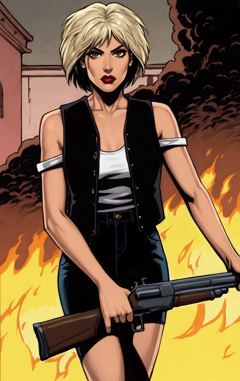 <lora:theOldShadowRunStyles_1990sV10_LoRA:1> a cyberpunk chrome girl in the dark city and a tank theOldShadowRunStyles