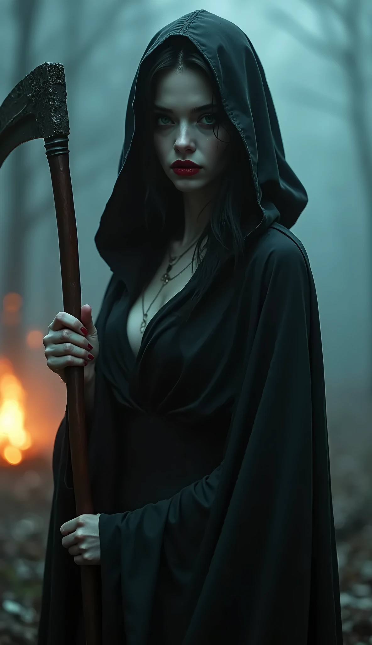 (((grim Reaper)))、young woman、cute、1、Jet black robe、sexy、Thighs、(((He carries a scythe as big as he is.)))、grim Reaperの鎌、Death Scythe、Bone Jewelry、Background dark forest、(best quality,4K,8k,highres,masterpiece:1.2),ultra-detailed,(realistic,photorealistic,photo-realistic:1.37),HDR,uhd,studio lighting,ultra-fine painting,sharp focus,physically-based rendering,extreme detail description,professional,vivid colors,bokeh,cinematic lighting,dramatic shadow,