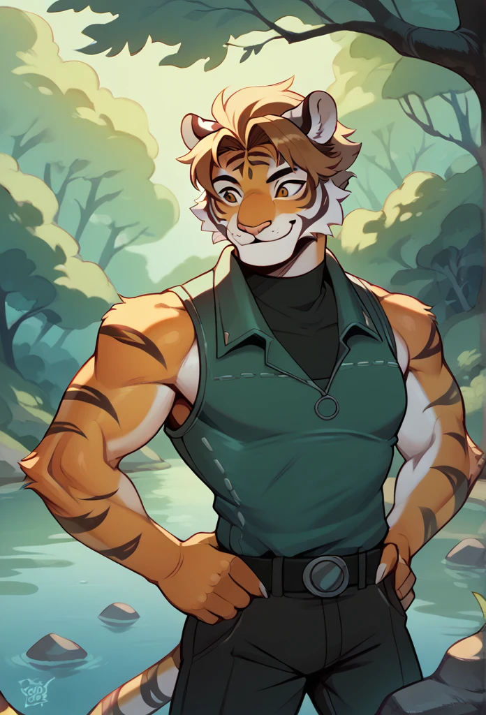 A tiger, with sleeveless suit, Hairstyle (Pompadour), stopped, in a forest, trees, rocks, river, bottom, Smiling, happy, detailed youthful face, ojos detailed, hands on hips, detailed, High quality, 4k.