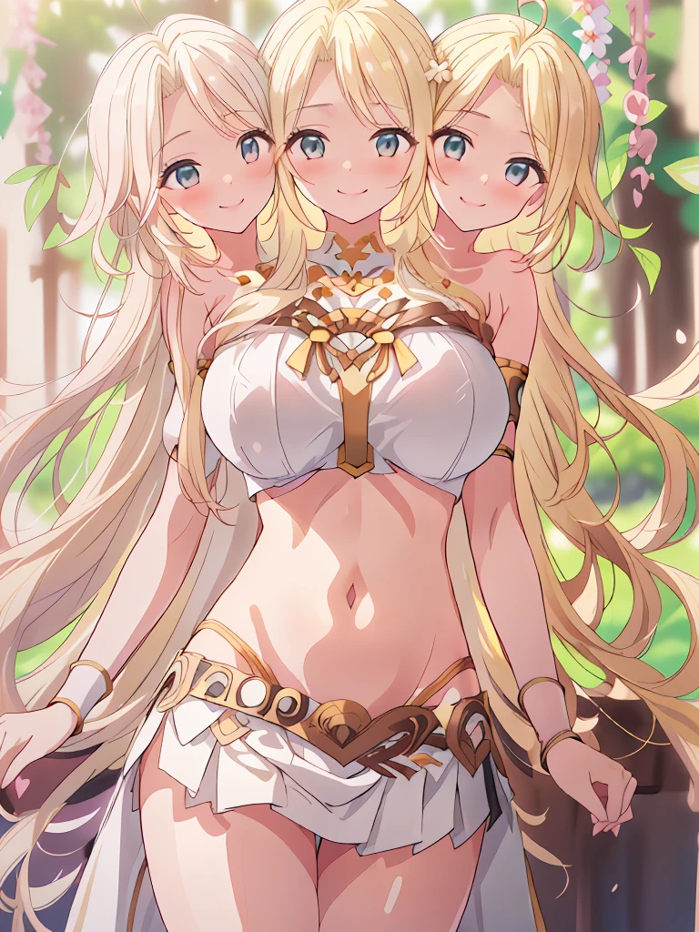 (masterpiece, best quality), best resolution, (3heads:1.5), 1girl, blonde hair, long flowing hair, smiling, seductive smile, open belly, white-pink crop top, white miniskirt, open breasts, big tits, very huge breasts, black headband, beautiful eyes, alluring presence,
