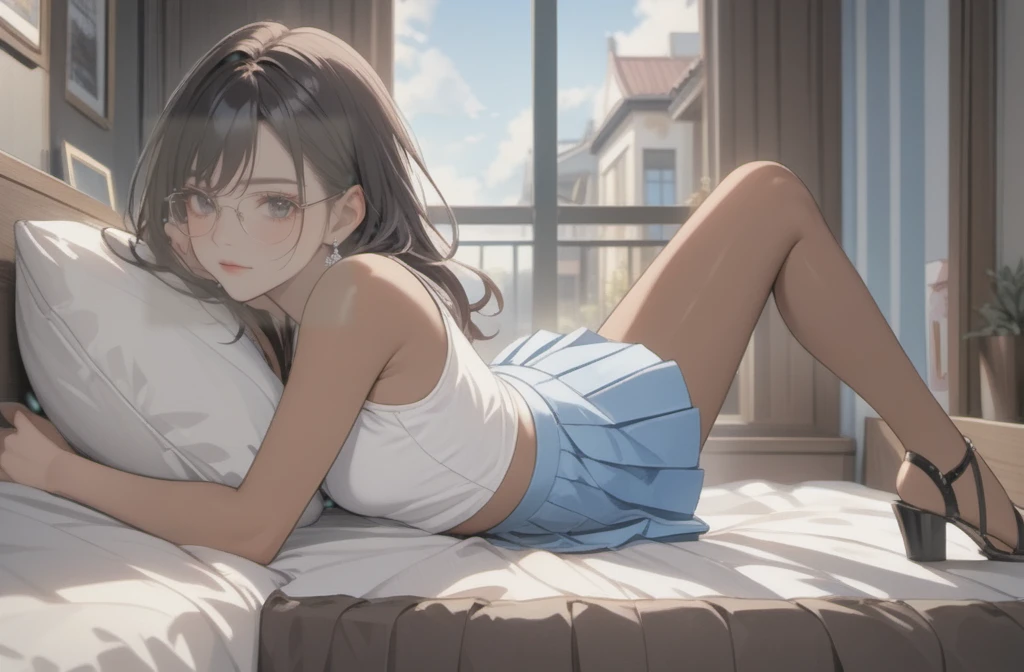 a woman with pleated skirt, sleeveless top, clothes with trans flag colors((pink white and blue)), black eyes, (((brown skin))), long wavy black hair, wearing high heel sandals, lying on bed, cute smile, bedroom background, high quality, masterpiece, anatomically correct, detailed background, better quality, original work, focus on details, people's watching around, front view, earrings, wind blowing through window, eye glasses