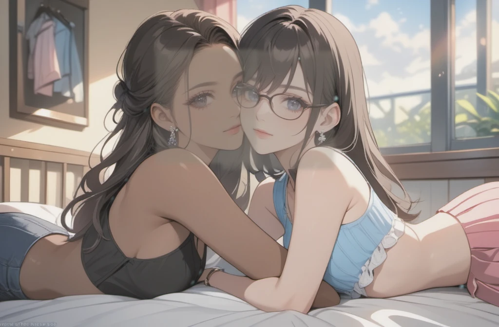 Two woman with pleated skirt, sleeveless top, clothes with trans flag colors((pink white and blue)), black eyes, (((brown skin))), long wavy black hair, wearing high heel sandals, lying on bed, cute smile, bedroom background, high quality, masterpiece, anatomically correct, detailed background, better quality, original work, focus on details, people's watching around, front view, earrings, wind blowing through window, eye glasses, hugging each other, lesbians, girlfriends 