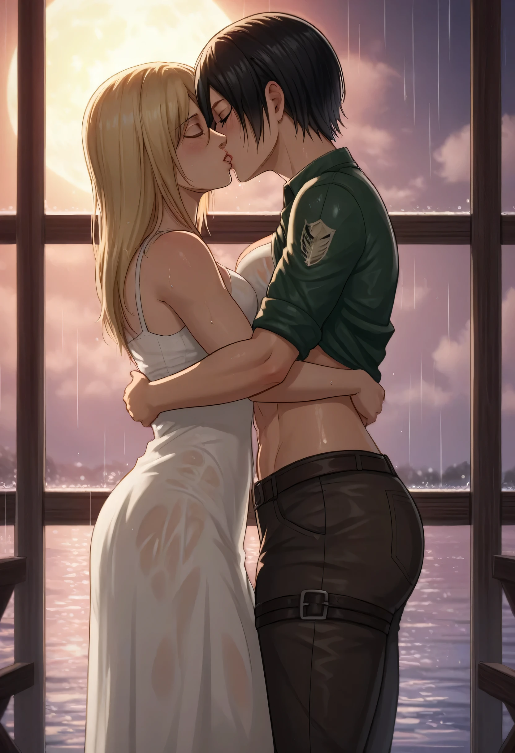 score_9, score_8_up, score_7_up, BREAK source_anime, historia reiss, blue eyes, blonde hair, long hair, medium breasts, long white dress sleeveless,female black hair soldier hugs historia,Mikasa with historia hugs,mikasa wreanig open green jacket black sport bra and black combat pants,Mikasa female with short hair,mikasa female medium breasts,eyes closed,in night,moon in sky,mikasa final season,mikasa,Mikasa hugs historia،mikasa femboy,mikasa final season,historia blonde hair,hugs and kissing,mikasa carrying historia and kissing her,Mikasa lifts Historia up and kisses her.in middle night,raining outside,mikasa final season,girls kissing,girl×girl,lesbians,yuri,romantic wallpapers,historia sitting on mikasa and kissing her,Mikasa in both hands touch historia ass, raining,wet body's,water dropped on mikasa and historia body's,mikasa final season design,character's from season 4,historia crying while kissing mikasa,crying both,one of Historia hands touch mikasa abs,romantic kissing,mikasa abs appear in her open jacket,