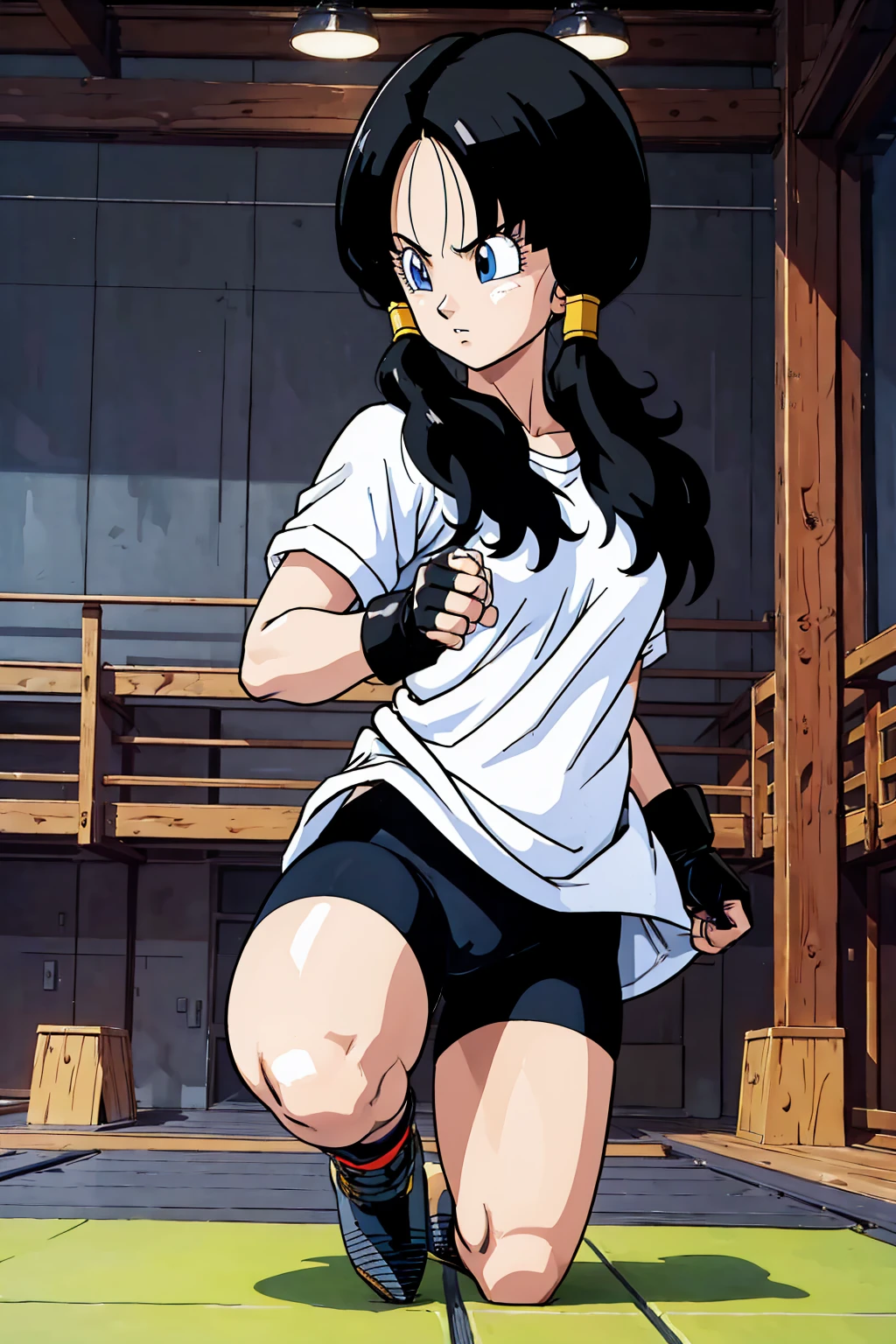 (masterpiece), anime, Best Quality, Good anatomy, 2, Alone, ( On my knees),blue eyes, Black Hair, Twin tails, Black gloves, Medium chest realistic face, Gloomy face, Looking down, bicycle_Shorts, bangs, White shirt, Gym, Reflector, 8K masterpieceultra-detailed, Movies Movies, Best Quality, Best details, Detailed face, fine grain, Shooting from below、(Martial Arts Arena、audience)