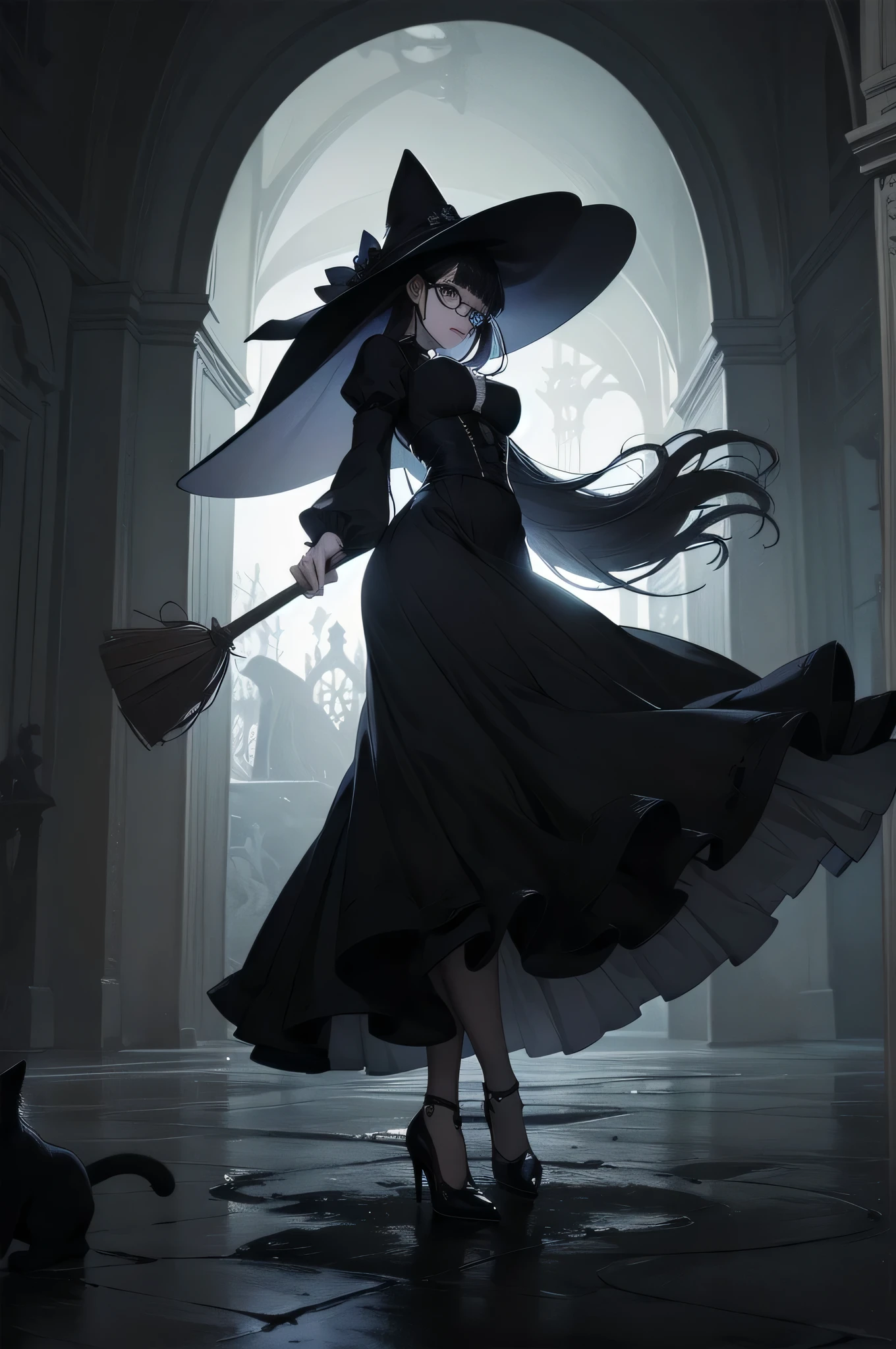 beautiful girl、cute、baby face、Glasses、Black Hair、Long Hair、Straight Hair、Bangs、bangsBangs、Hime cut、Mine system、Long skirt、Black pumps、Magic Broom、Witch's Broom 、witch、witch hat、beautiful girl、Gothic Dress、Long Dress、Big Breasts、Slim body、There is a black cat at your feet、2 black cats、(Best Quality,4K,High resolution,Masterpiece 1.2),Very detailed,Real 1.37,Spooky altar background,Dark fantasy,Black color scheme,Ominous atmosphere,Eye-catching,Storytelling,Anime Style,Concept Art,Inappropriate behavior,,beautiful, Delicate facial features, pale Skin, Dark background、Dim lighting、Dark background, Cinema Lighting, Dramatic Shadows, Gothic, Gloomy atmosphere, Dark fantasy, One person&#39;S, Red cheeks, ,(Expressionless 1.3),Scary smile, Creepy Smile,Twisted Smile、Creepy background,(Spooky atmosphere 1.3),Horror Style, ((Frilled black costume)), ((Flowing Black Hair)), Female Curves, Sexy flat stomach, Perfect hands, Perfect anime character face, (Black Dress)), Standing, ((Wicked Smile)), ,(Dark fantasy1.3), Moonlight Illumination, night lighting, (Blood splatter 1.3),Anime Angel Design, GothicArchitecture、Victorian architecture、Western architecture、Fantasy World、,Victorian city, Skeleton Gas Light,Absurd, High resolution、 ((Tabletop)), ((Best Quality)), (Very detailedな), ((Very detailed)), (beautiful), ((cute)), One personで,(1.6)、beautiful face、Full Body Ezbian、pale, beautiful肌、Big Breasts、beautiful black hair、Long Hair、Smiling Kindly、Dark building ruins、(snow white&#39;Frill dress 1.3)、(The dark ruins are 血まみれ 1.3)、Low angle full body shot、(Glasses 1.2)、(Creepy 1.3)、(The girl lost a lot of blood..............1.3)、(Crazy Smile 1.6)、（Glasses 1.5）、Wearing Glasses、Droopy eyes、Glasses、Gothic Dress、bangs, Long Hair, Black Hair、bangs、Hime cut、Dark fantasy 、background、black lace blouse、黒のフリルLong skirt、There is a black cat at your feet、