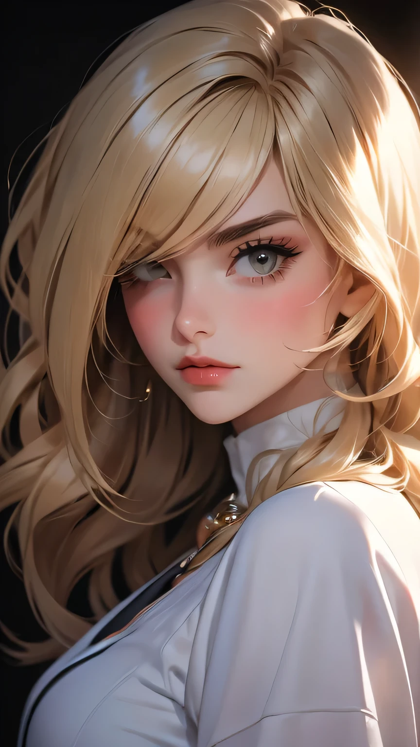 ((Masterpiece)), envision a 8k, highres, cinematic, extremely beautiful semi realistic close up portrait of a beautiful mature lady with a strong face, ((hair over one eye)) slender body, athletic body, mean face, frown, ((long blonde hair)), blush, smile, flustered, side locks, long bangs, round face, long sweeping bangs, red eyes, soft lips, lip gloss, thick eyebrows, round face, ((((1girl)))), in dark lighting, against a dark gray background