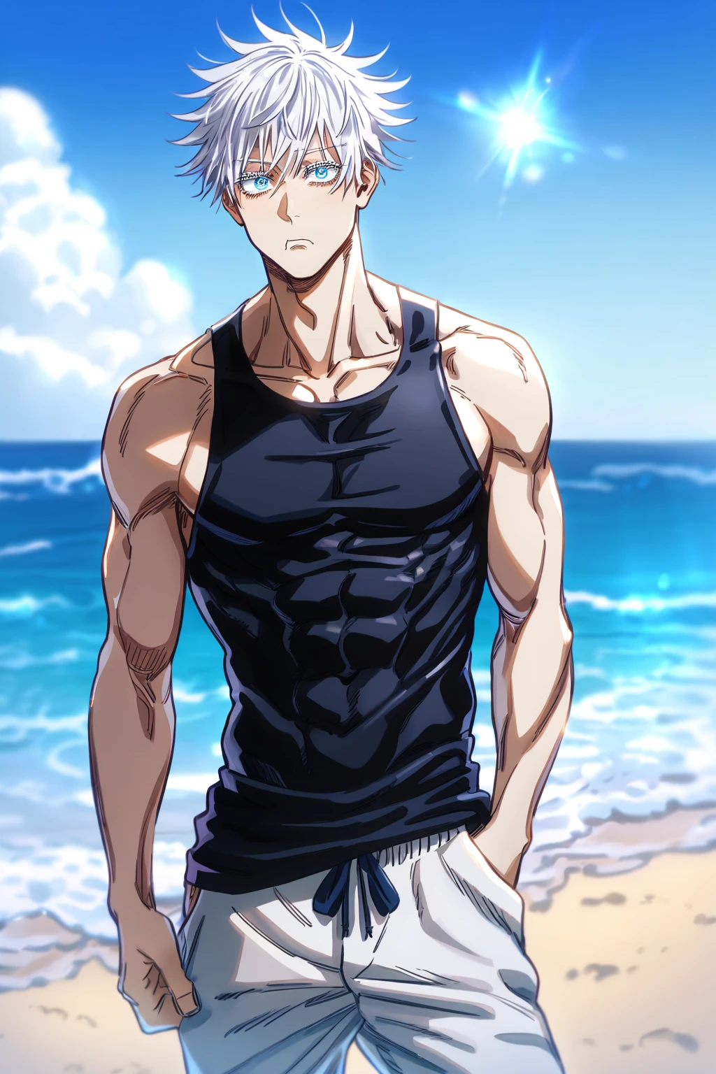 absurdres, highres, ultra detailed, HDR, master piece, gojo satoru, white hair with bangs, white eyelashes, expressive blue eyes, (pout), beach wear, Jujutsu Kaisen, sexy man, handsome, best quality, fantasy, magical, solo, sensual, sunny, beach, toned chest, (SuperQuality:1.0) ~ (SuperQuality:1.2)