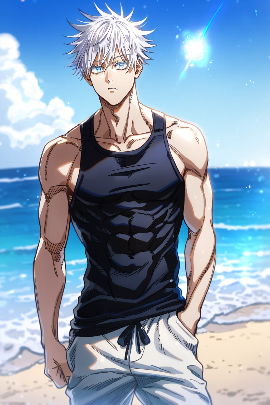 absurdres, highres, ultra detailed, HDR, master piece, gojo satoru, white hair with bangs, white eyelashes, expressive blue eyes, (pout), beach wear, Jujutsu Kaisen, sexy man, handsome, best quality, fantasy, magical, solo, sensual, sunny, beach, toned chest, (SuperQuality:1.0) ~ (SuperQuality:1.2)