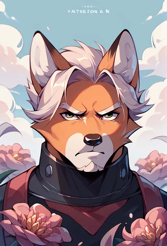 A fox, with a modquetero costume suit, Long hair, short black beard, Serious, head up, flowers around, clouds, bottom, youthful face, half body shot angle.