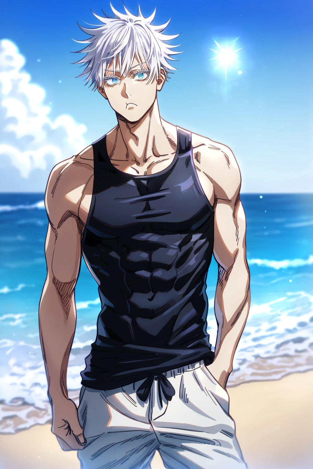 absurdres, highres, ultra detailed, HDR, master piece, gojo satoru, white hair with bangs, white eyelashes, expressive blue eyes, (pout), beach wear, Jujutsu Kaisen, sexy man, handsome, best quality, fantasy, magical, solo, sensual, sunny, beach, toned chest, (SuperQuality:1.0) ~ (SuperQuality:1.2)