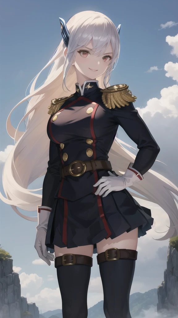 masterpiece, best quality, absurdres, perfect anatomy, 1girl, solo, KyoukaUzen, hair ornament, military uniform, white gloves, epaulettes, belt, pleated skirt, black skirt, thigh boots, smile, hands on the hips, outdoors, 