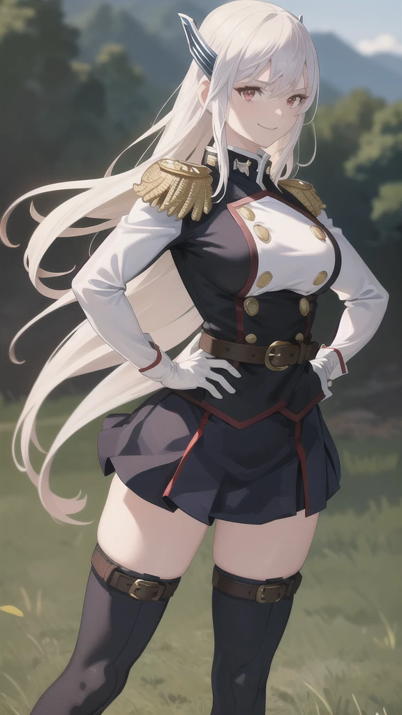 masterpiece, best quality, absurdres, perfect anatomy, 1girl, solo, KyoukaUzen, hair ornament, military uniform, white gloves, epaulettes, belt, pleated skirt, black skirt, thigh boots, smile, hands on the hips, outdoors, 