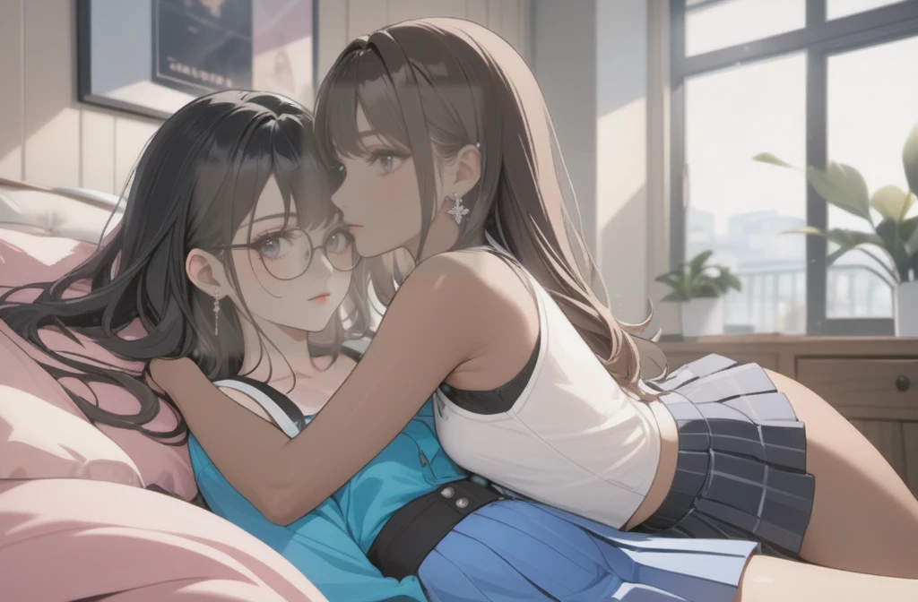 Two woman with pleated skirt, sleeveless top, clothes with trans flag colors((pink white and blue)), black eyes, (((both with brown skin))), long wavy black hair, wearing high heel sandals, both lying on bed, cute smile, bedroom background, high quality, masterpiece, anatomically correct, detailed background, better quality, original work, focus on details, wearing earrings, wind blowing through window, eye glasses, hugging each other, lesbians, girlfriends 