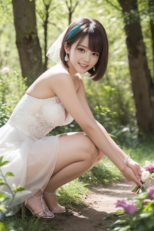 (highest quality:1.5)、(Realistic:1.5)、(1 person:1.5)、(Upper Body:1.5)、Very detailed、High resolution、8k wallpaper、、Small breasts、Natural color lips、Cute Smile、Japanese women、20-year-old girl、Beautiful and elegant face、Perfect and beautiful face、Big eyes、Brunette eyes、Beautiful and elegant face、Natural double eyelids、Natural Bangs、Beautiful thin nose、Beautiful Skin、Chestnut Hair、Medium Bob Hair、Short Hair、Natural Bangs、Perfect and beautiful face、Slim face and figure、(Looking at the camera with a cute expression)、Bright lighting、Professional Lighting、Forward lighting、Cute Smile、Summer blue sky、Grass park on the mountain、Look at the viewers、Low-angle composition、(Staring at the camera with a cute expression)、(Lighting the face)、Bright lighting、Professional Lighting、Forward lighting、Cute Smile、Beautiful clavicle、Beautiful feet:1.2、Smooth Skin、Beautiful cleavage、Floral Wedding Dress、、wear knee high stockings、Sit on the grass、wariza、Put your hands on your thighs、Beautiful thighs、Sit down、Leaning forward、Shots from low angles、Girl sitting、seiza、Princess line wedding dresini skirt wedding dress、knee high stockings、above-knee length stockings、garter belt、