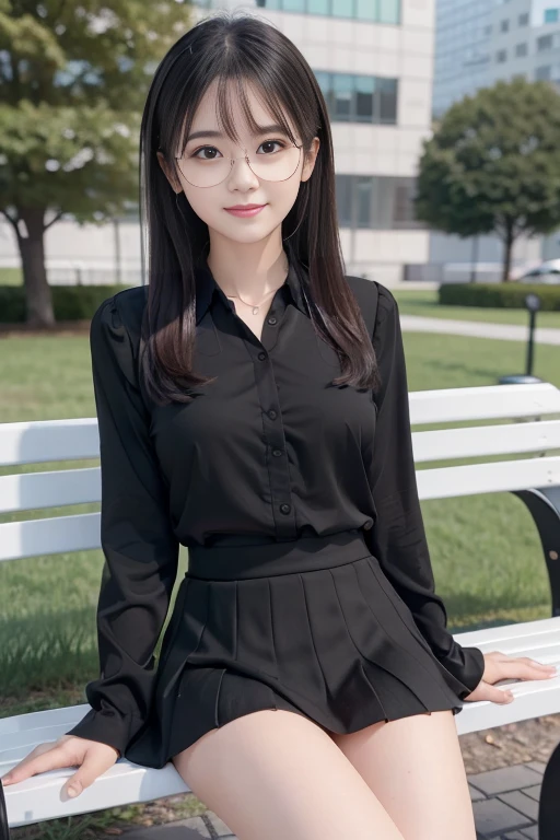 ((4K images)), ((8K images)), ((Full body image)), High resolution, masterpiece, accurate, Anatomically correct, Best Quality, Very detailed, Textured skin, Ultra high definition, Cross-dressing Mii-chan, Glasses, Black Hair, Medium Hair, Straight Hair, smile, Small Boobs, Flat Chest, Plain black long sleeve blouse, Red velvet flared mini skirt, Black pumps, (Spread your legs), (White panties), night, sitting on a park bench,