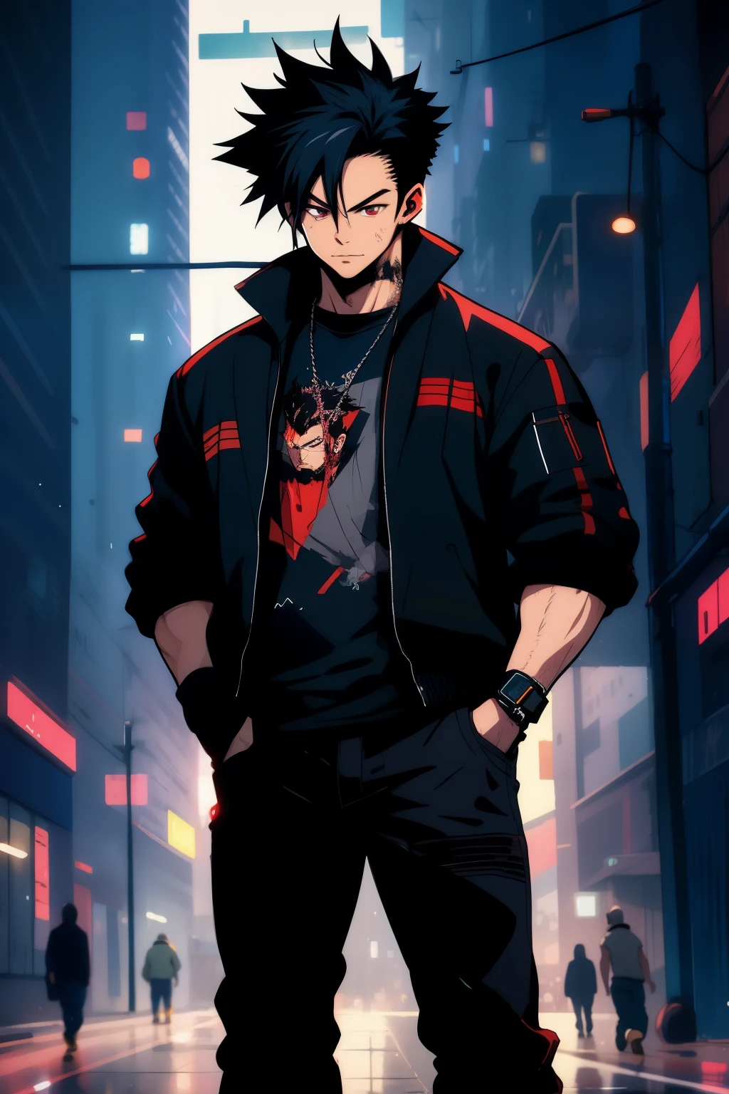 Man, spiked hair, straight hair in front, t shirt, hip hop style, gloves, cyberpunk  theme, cyberpunk, tall, standing Cabelo preto, red eyes, masterpiece, anatomically correct, High details, fingerless gloves, eletronic forniture