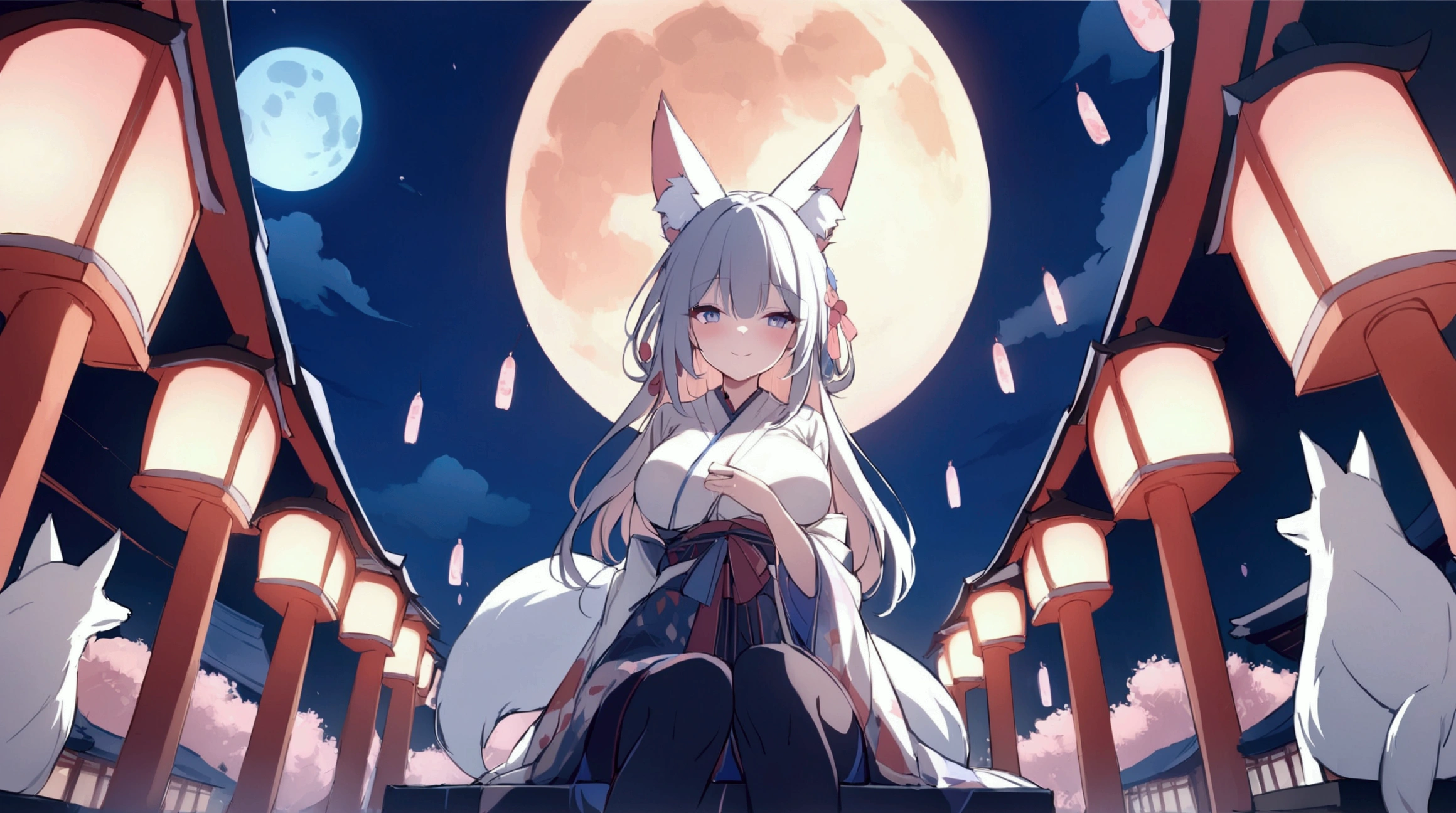 score_9,score_8_up,score_7_up,source_anime,cowboy shot,masterpiece,best quality,details background,blurry background,extremely detailed,1girl,shinano(azurlane),slver hair,long hair,blunt bangs,hair ornament,fox ears,animal ears,animal ear fluff,blue eyes,yellow eyes,cleavage,huge breasts,real brests,real nipple,real areolae,real vaginal,blush,((completely nude)),(blush),(Sleepy eyes),BREAK,night,Fairy Butterfly,Lily of the valley,moon