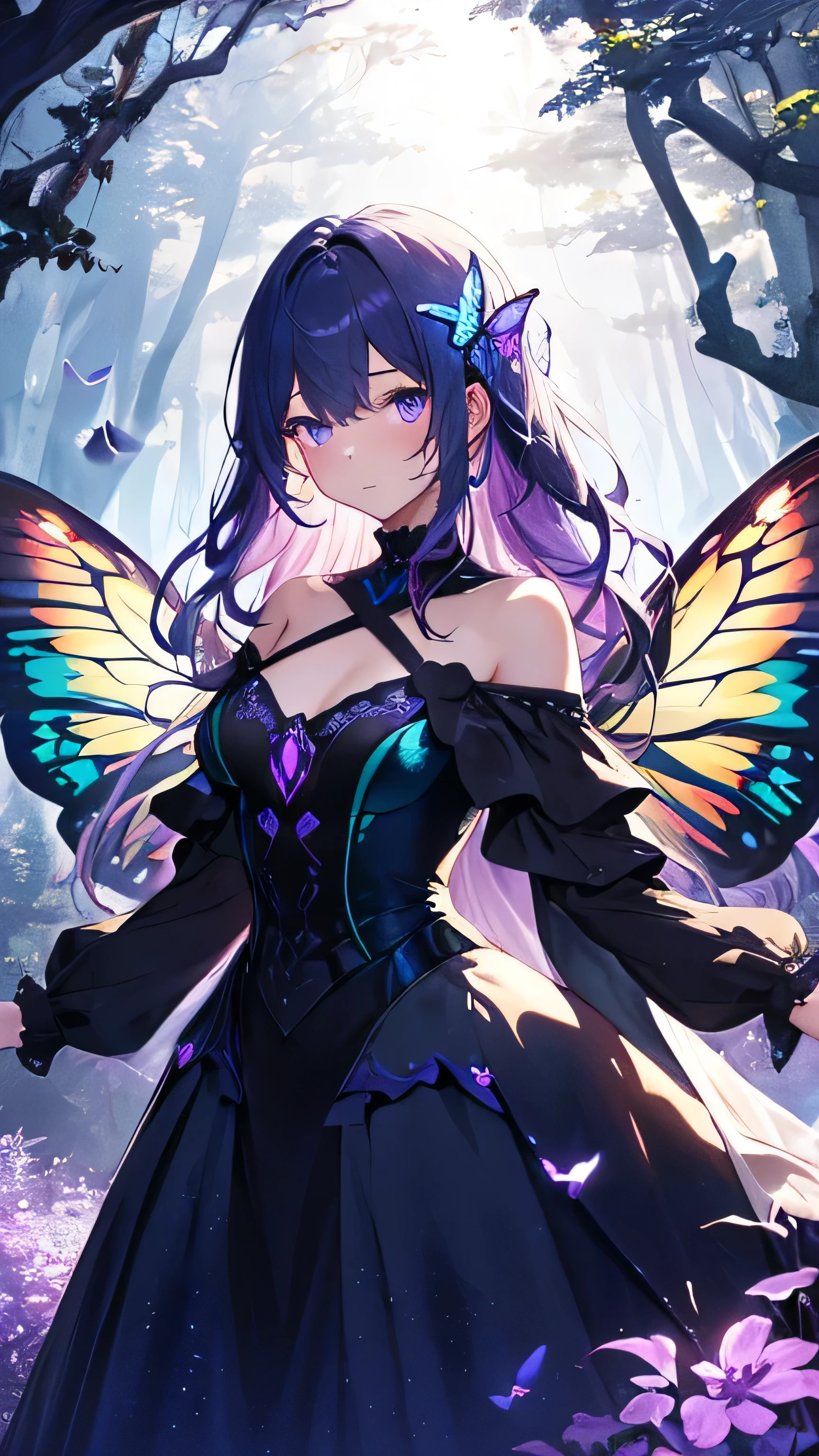 masterpiece, concept art, (highly detailed), medium shot, fairy butterfly 1girl, butterfly wings, cute, elegant, violet flowing hair, magical dress, magnum opus, (butterfly:1.5) flying surrounding her, mythical forest, bathed in ethereal moonlight, serenity, (epic composition, epic proportion), Vibrant color, volumetric lighting, Hd