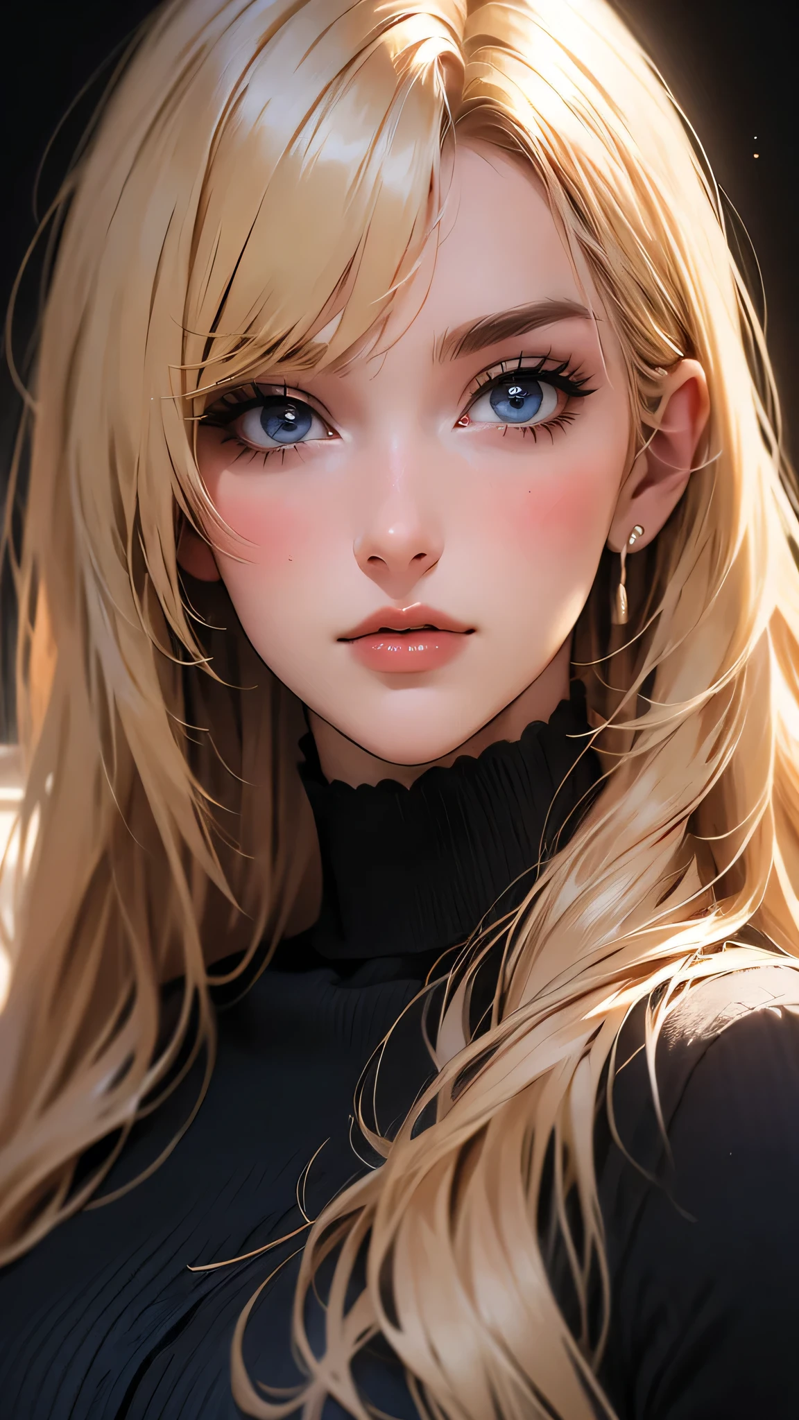 ((Masterpiece)), envision a 8k, highres, cinematic, extremely beautiful semi realistic close up portrait of a beautiful mature lady with a strong face, ((hair over one eye)) slender body, athletic body, mean face, frown, ((long blonde hair)), blush, smile, flustered, side locks, long bangs, round face, long sweeping bangs, blue eyes, soft lips, lip gloss, thick eyebrows, round face, ((((1girl)))), in dark lighting, against a dark gray background