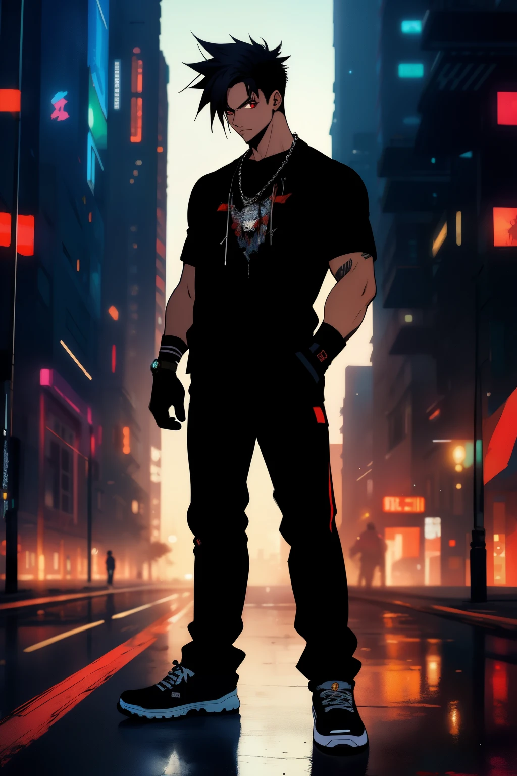 Man, spiked hair, straight hair in front, t shirt, hip hop style, gloves, cyberpunk  theme, cyberpunk, tall, standing Cabelo preto, red eyes, masterpiece, anatomically correct, High details, fingerless gloves, eletronic forniture