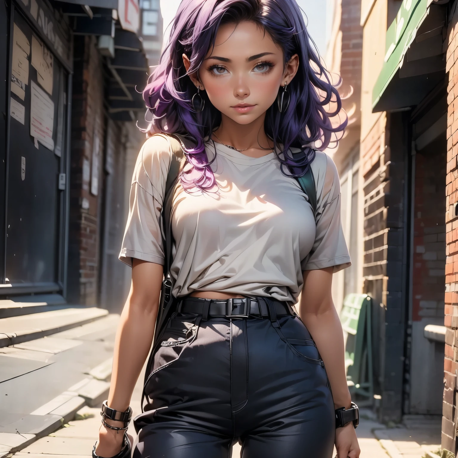 (masterpiece), best quality, 1girl, expressive eyes, perfect face, (purple hair), perfect anatomy, full body, 4k, HDR, full HD, solo, she is wearing a tight-fitting T-shirt made of breathable material, the pants are short elastic and resistant, wear sneakers with good grip and support, wear wrist and knee pads to protect yourself in case of falls, you can opt for a small backpack,