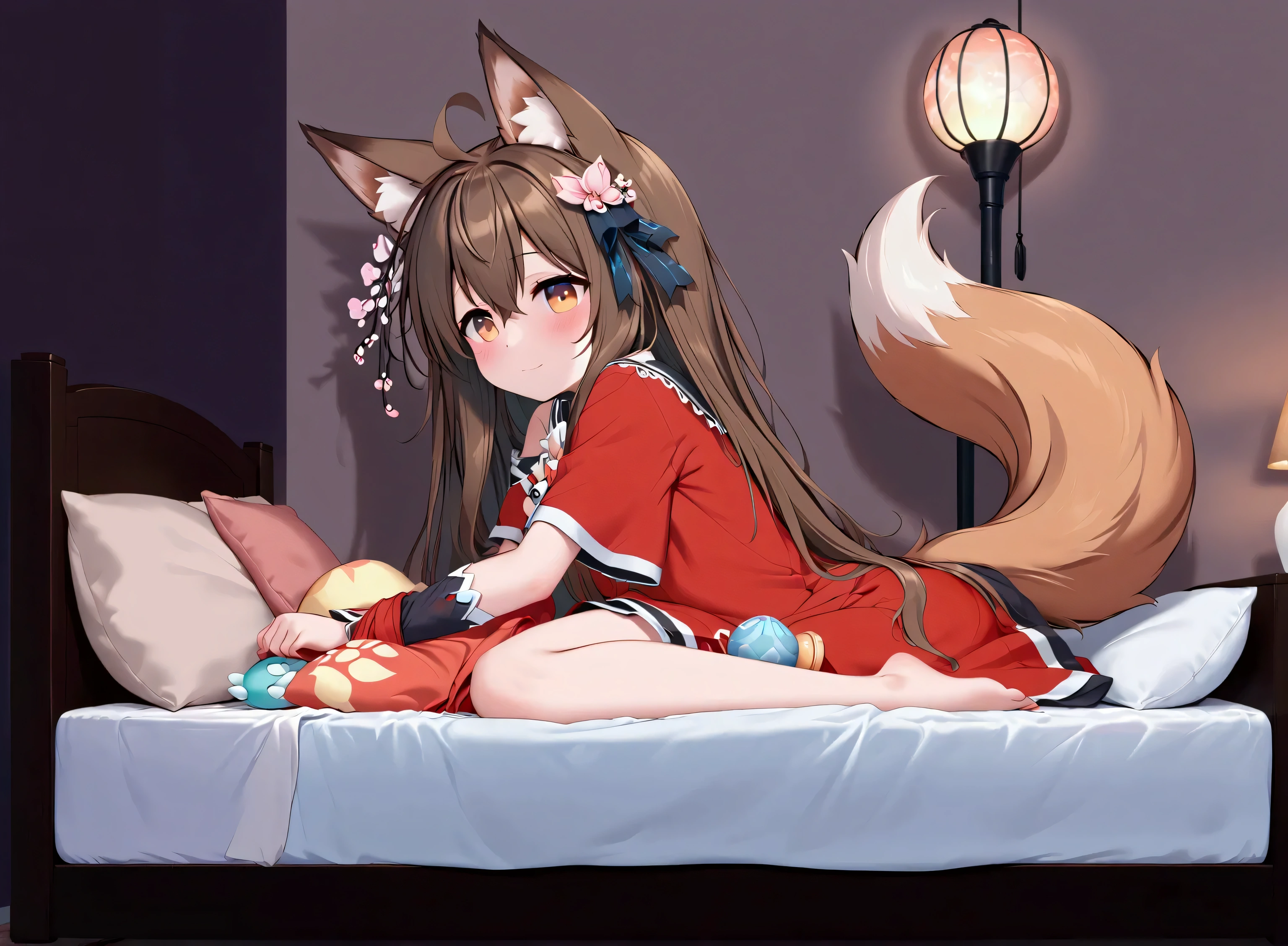 Small young fox girl with long brown hair and brown fluffy ears, fluffy brown tail, she is wanting cuddles and attention, in a detailed bedroom, lounging on a bed playfully, fox girl is acting cute.