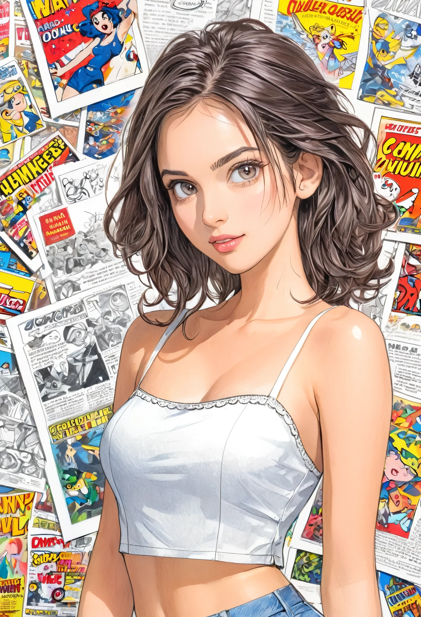 woman,Short camisole,white art,advertisement,Colored pencil drawing,draft ,Comic collage illustration