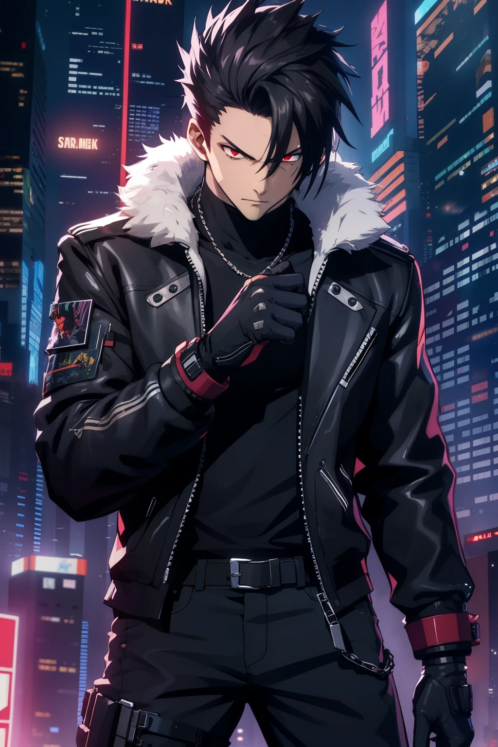 Man, spiked hair, straight hair in front, t shirt, hip hop style, gloves, cyberpunk  theme, cyberpunk, tall, standing Cabelo preto, red eyes, masterpiece, anatomically correct, High details, fingerless gloves, eletronic forniture