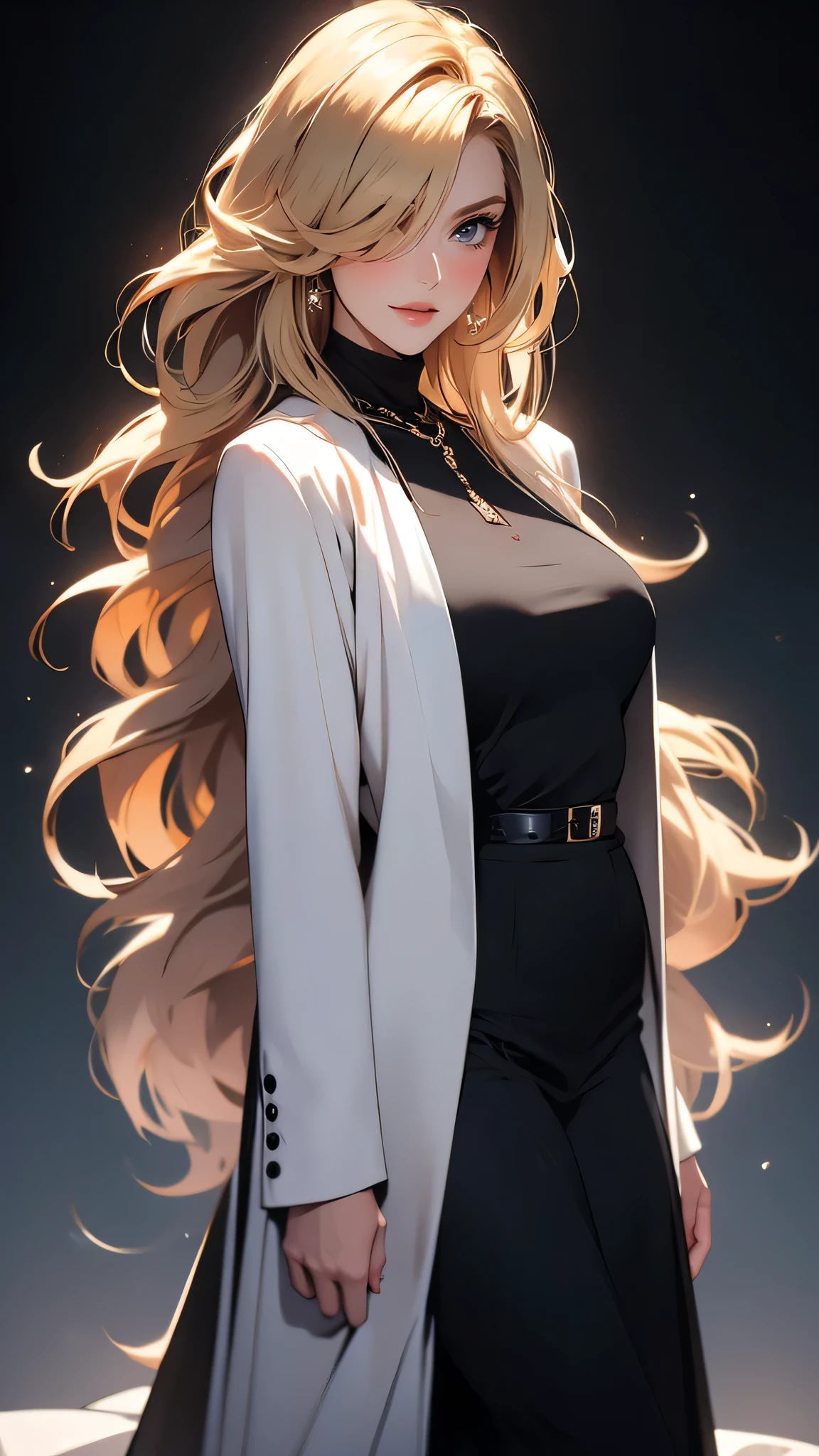 ((Masterpiece)), envision a 8k, highres, cinematic, extremely beautiful semi realistic full body pinup of a beautiful mature lady with a strong face, ((hair over one eye)) slender body, athletic body, mean face, frown, ((long blonde hair)), blush, smile, flustered, side locks, long bangs, round face, long sweeping bangs, blue eyes, soft lips, lip gloss, thick eyebrows, round face, ((((1girl)))), in dark lighting, against a dark gray background