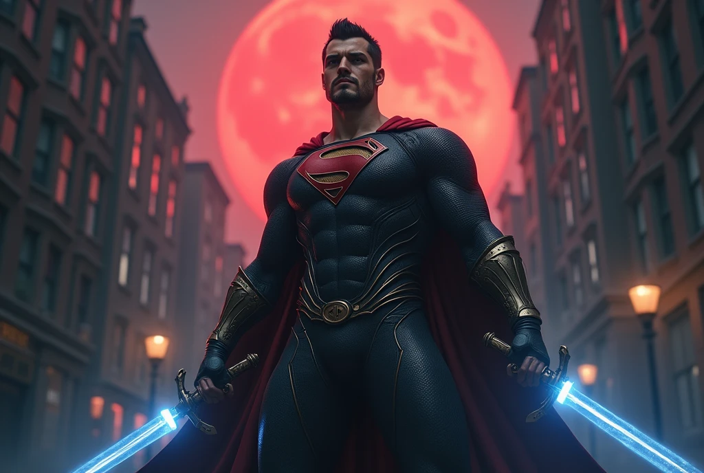 Close a powerful threat, The imposing appearance of the mighty Superman dressed in orange uniform, menacing stare, ricamente detalhado, Hiper realista, 3D-rendering, obra-prima, NVIDIA, RTX, ray-traced, Bokeh, Night sky with a huge and beautiful full moon, estrelas brilhando, 8k,