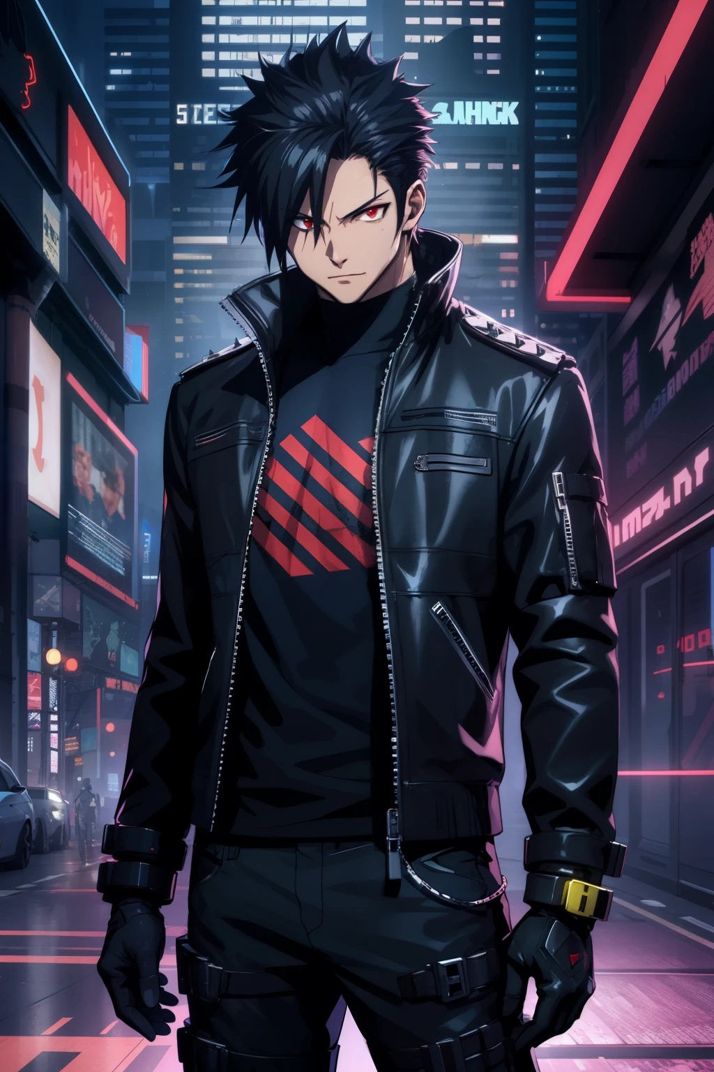 Man, spiked hair, straight hair in front, t shirt, hip hop style, gloves, cyberpunk  theme, cyberpunk, tall, standing Cabelo preto, red eyes, masterpiece, anatomically correct, High details, fingerless gloves, eletronic forniture