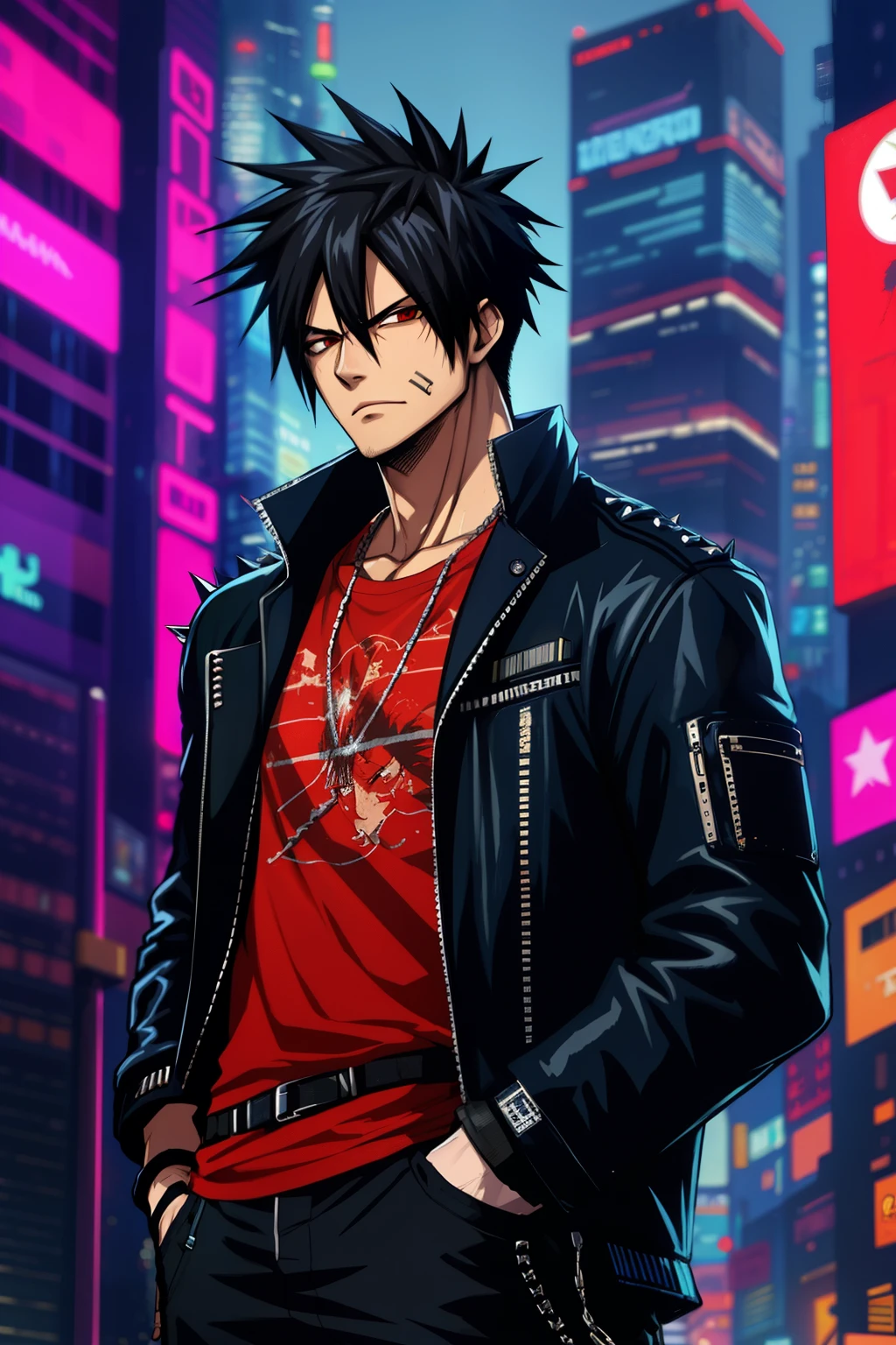 Man, spiked hair, straight hair in front, t shirt, hip hop style, gloves, cyberpunk  theme, cyberpunk, tall, standing Cabelo preto, red eyes, masterpiece, anatomically correct, High details, fingerless gloves, eletronic forniture