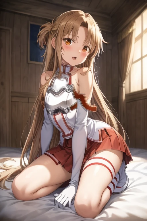 ((Best Quality)), ((masterpiece)), (be familiar with), Perfect Face, indoor, bedroom, Watching the audience,
One woman, Yuuki Asuna,
Open Mouth, Ecstatic expression, blush, smile,
Small breasts, Flat Chest, , , child, Girl,
Long Hair, Long Hair,
Leg spread,