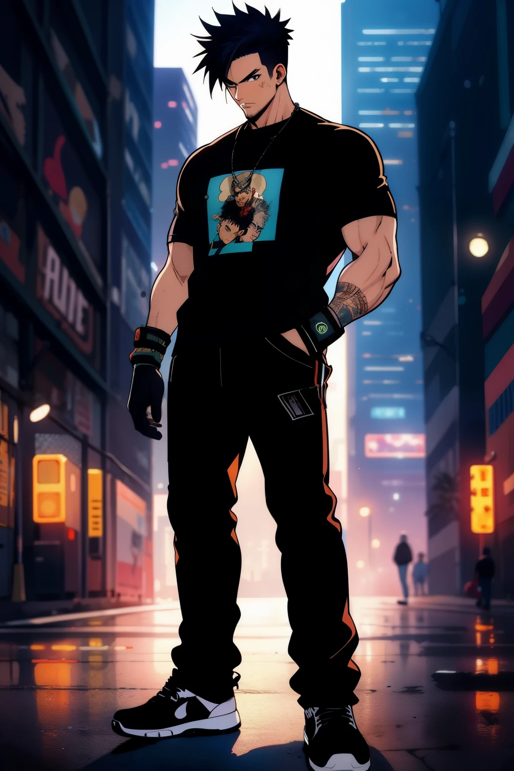 Man, spiked hair, straight hair in front, t shirt, hip hop style, gloves, cyberpunk  theme, cyberpunk, tall, standing Cabelo preto, masterpiece, anatomically correct, High details, fingerless gloves, eletronic forniture