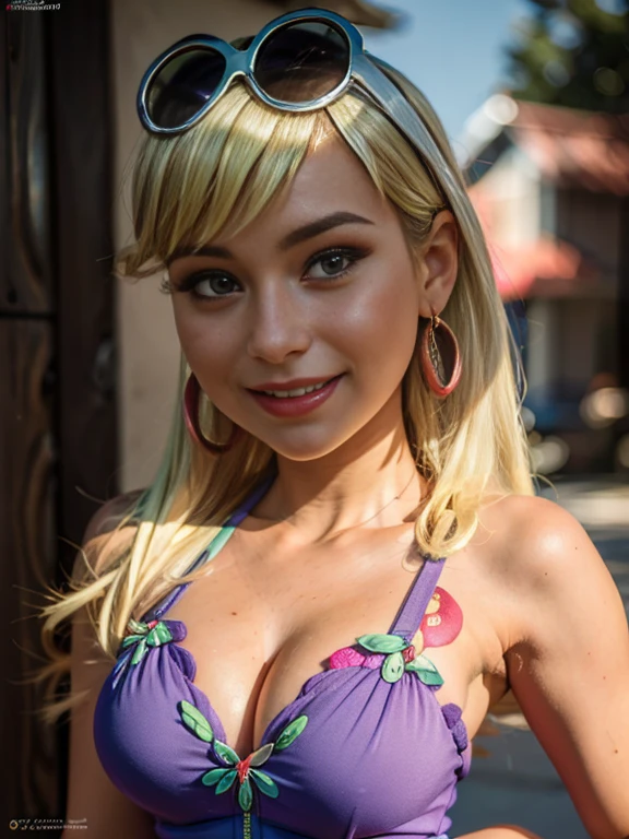 une femme de 25 ans, blonde, multicolor hairs, sexy, romantic smile, HD, 8k, masterpiece, a lot of details, Alexa Bliss, black make up, gothique, sexy, bikini