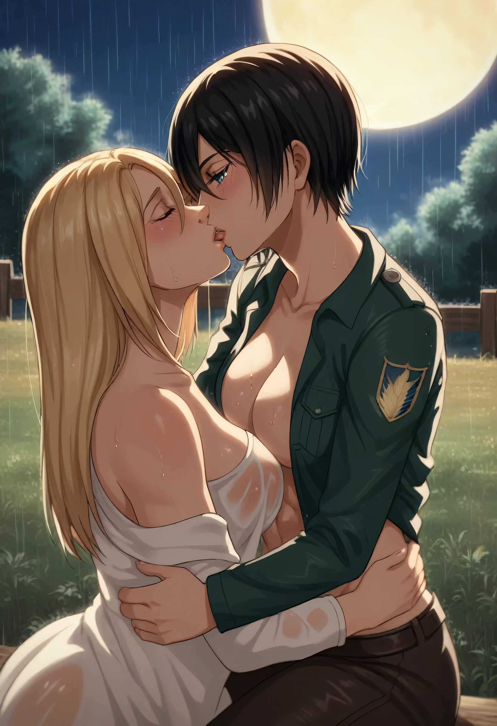 score_9, score_8_up, score_7_up, BREAK source_anime, historia reiss, blue eyes, blonde hair, long hair, medium breasts, long white dress sleeveless,female black hair soldier hugs historia,Mikasa with historia hugs,mikasa wreanig open green jacket and black combat pants,Mikasa female with short hair,mikasa female medium breasts,eyes closed,in night,moon in sky,mikasa final season,mikasa,Mikasa hugs historia،mikasa femboy,mikasa final season,historia blonde hair,hugs and kissing,mikasa carrying historia and kissing her,Mikasa lifts Historia up and kisses her.in middle night,raining outside,mikasa final season,girls kissing,girl×girl,lesbians,yuri,romantic wallpapers,historia sitting on mikasa and kissing her,Mikasa in both hands touch historia ass, raining,wet body's,water dropped on mikasa and historia body's,mikasa final season design,character's from season 4,historia crying while kissing mikasa,crying both,one of Historia hands touch mikasa abs,romantic kissing,wet clothes,mikasa breasts hide on her open green jacket 