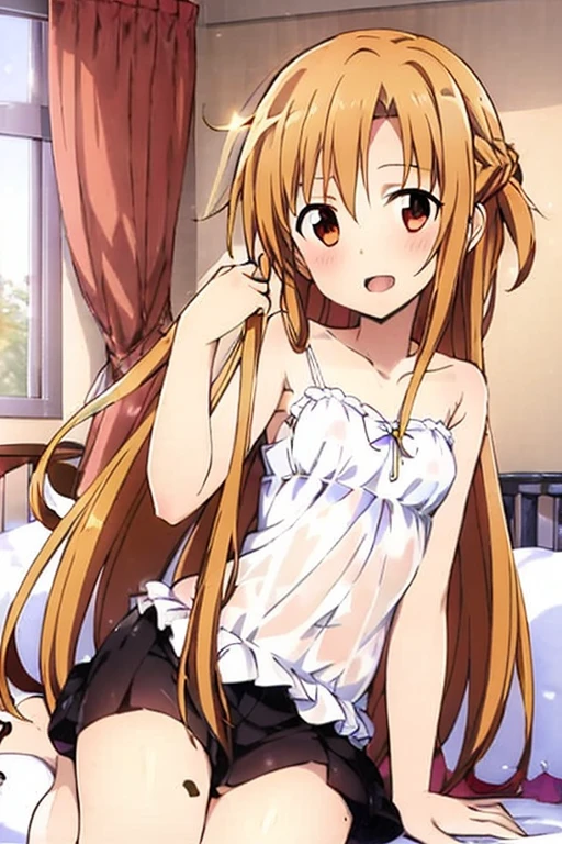 ((Best Quality)), ((masterpiece)), (be familiar with), Perfect Face, indoor, bedroom, Watching the audience,
One woman, Yuuki Asuna,
Open Mouth, Ecstatic expression, blush, smile,
Small breasts, Flat Chest, , , child, Girl,
Long Hair, Long Hair,
Leg spread,