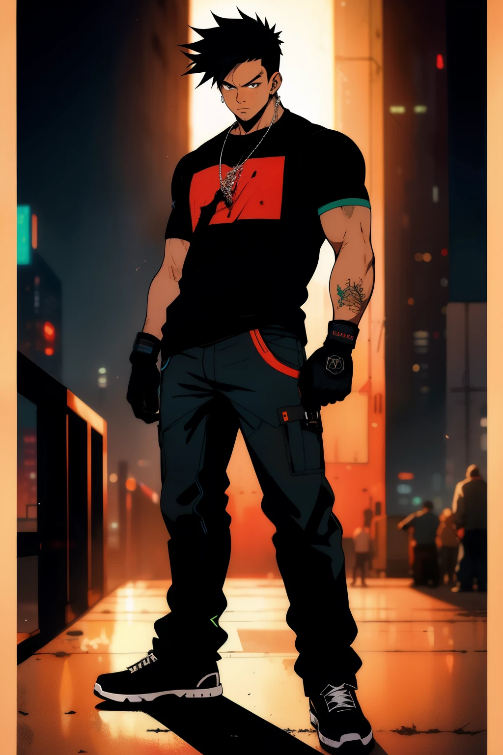 Man, spiked hair, straight hair in front, t shirt, hip hop style, gloves, cyberpunk  theme, cyberpunk, tall, standing Cabelo preto, masterpiece, anatomically correct, High details, fingerless gloves, eletronic forniture, Ultra detailed face