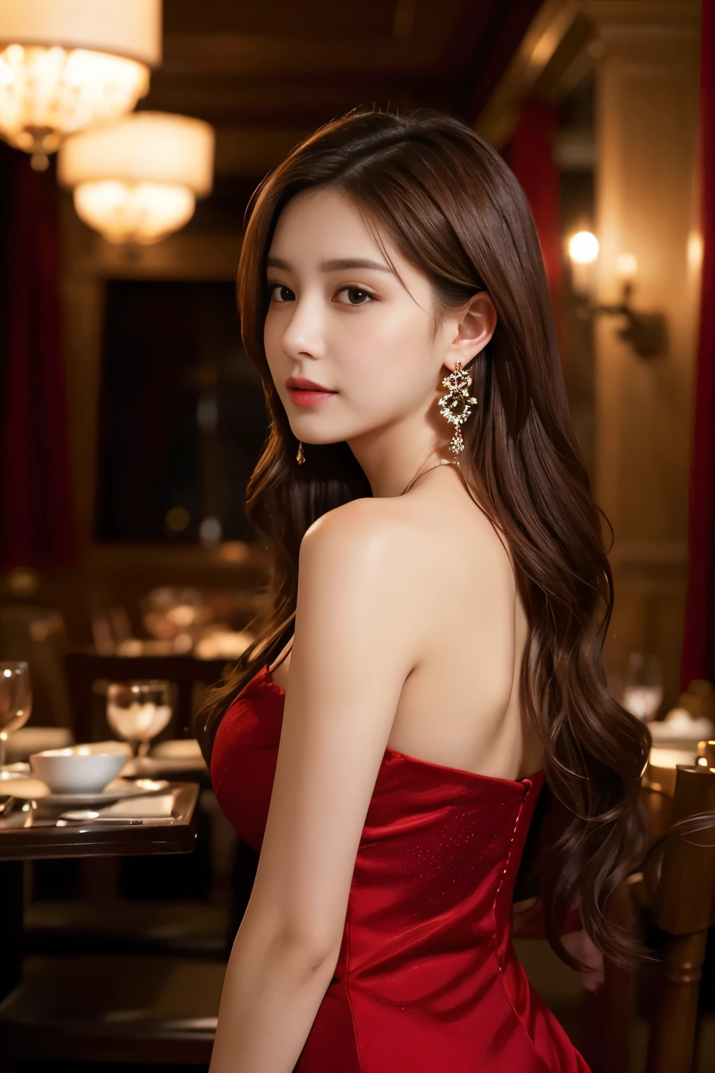 masterpiece、Best Quality、Real、Very detailed、Fine details、High resolution、8K wallpaper、One beautiful woman、Wearing an elegant dark red dress、In a great restaurant、At night、Light brown messy hair、Perfect dynamic composition、Beautiful beautiful eyes、Big earrings、